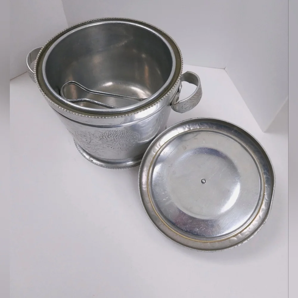 Vintage 1950s Continental Hammered Aluminum Chrysanthemum Ice Bucket